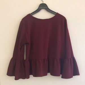 burgundy peplum top, bell sleeves